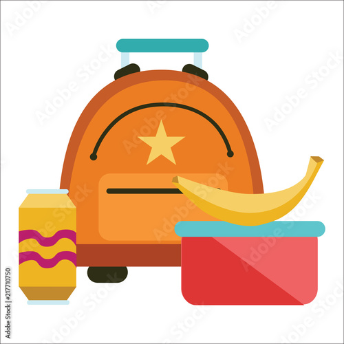School lunchtime poster Schoolbag lunchbox banana Schoolbag lunchbox banana on it and can of beverage symbols for brunch vector illustration.