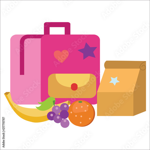 Lunch time poster, Pupil schoolbag lunchbox banana orange and grapes