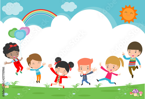 Kids jumping on the playground, children jump with joy, happy cartoon child playing on background, Template for advertising brochure,your text , Kids and frame,child and frame,Vector Illustration