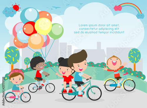 Happy kids on bicycles, Child riding bike, Healthy cycling with kids in park, group of kids biking on background. Template for advertising brochure,your text, Vector Illustration