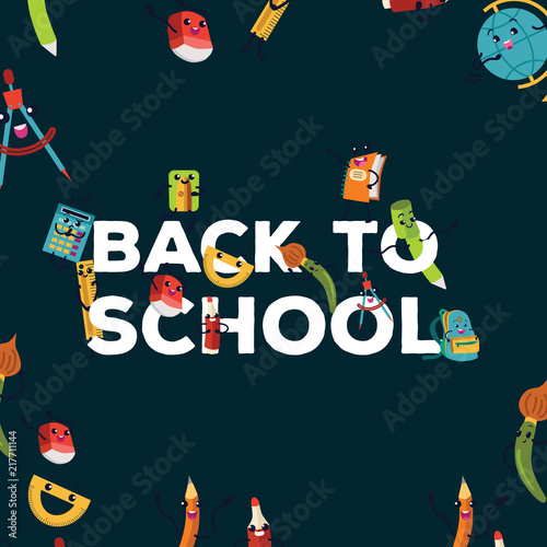Back to school colorful poster, template with various education supplies vector illustration.
