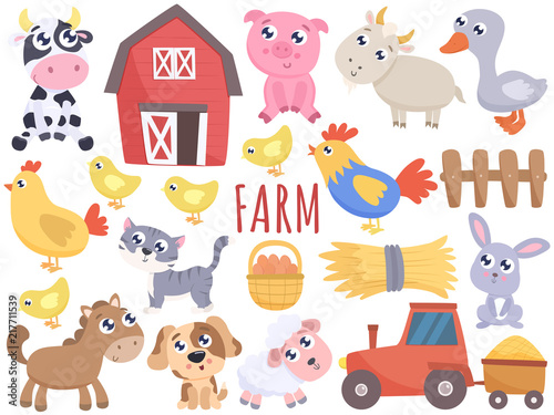 Cute farm cartoon animals and related items. Vector flat illustration.