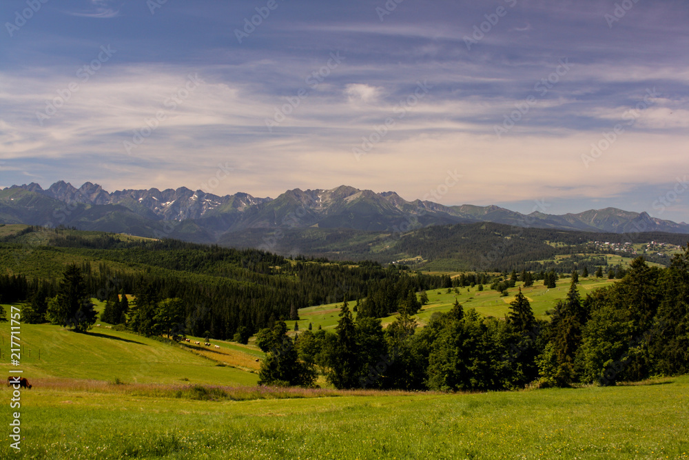 panorama from green beskid mountains ,high tatra, with lake and waterfalls