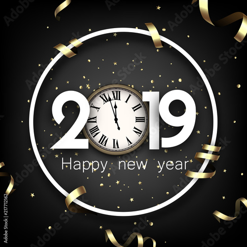 Grey 2019 happy New Year card with gold clock.