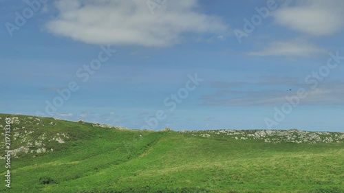 Green landscape view of Nothern Spain countryside, hills covered with grass at sunny summertime day photo