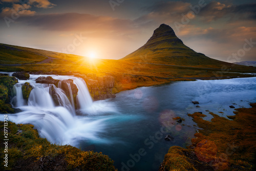Beautiful waterfall landscape at Kirkjufell mountain, Snaefellsnes peninsula, Iceland