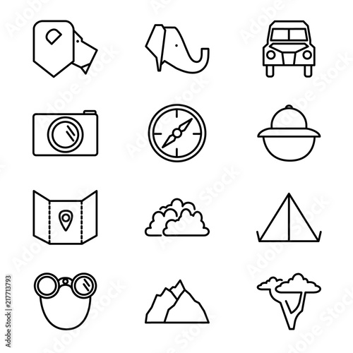 Wild Safari Park Outline Vector Icon Collection. Simple and clean style outline symbols with lion, elephant, compass, photo camera, map and other wild trip nature objects.