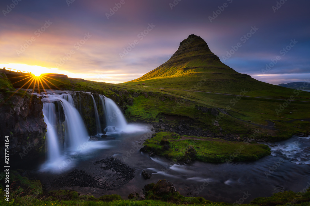 Beautiful waterfall landscape at Kirkjufell mountain, Snaefellsnes peninsula, Iceland