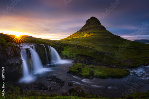 Beautiful waterfall landscape at Kirkjufell mountain  Snaefellsnes peninsula  Iceland