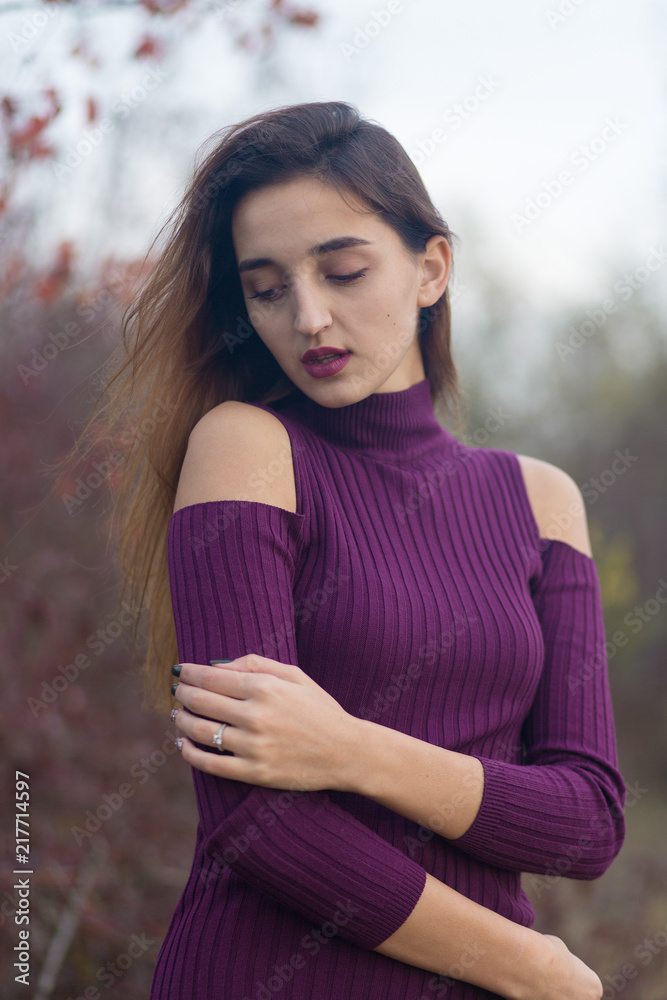Girl in lilac dress on nature in autumn, Portrait of a beautiful girl in the autumn in the forest Girl in lilac dress on nature in autumn, Portrait of a beautiful girl in the autumn in the forest