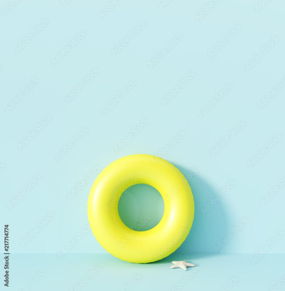 Yellow ring floating and starfish with sunlight on blue pastel background. minimal summer concept. 3d rendering Yellow ring floating and starfish with sunlight on blue pastel background. minimal summer concept. 3d rendering