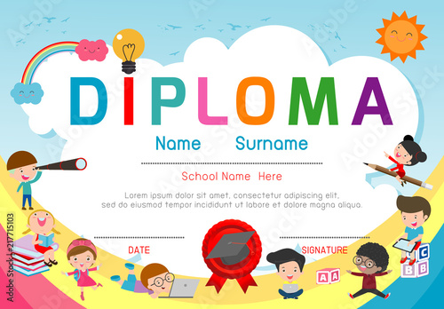 Certificates kindergarten and elementary, Preschool Kids Diploma certificate background design template, Diploma template for kindergarten students, Certificate of kids diploma, vector illustration