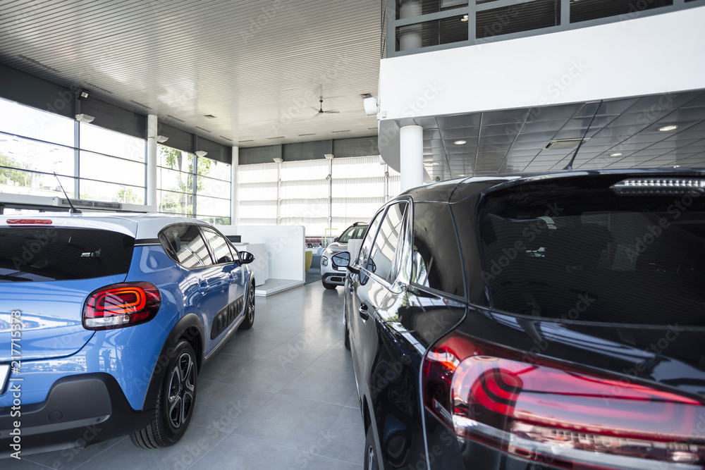 Blue and black cars standing in a bright,  luxury leasing salon