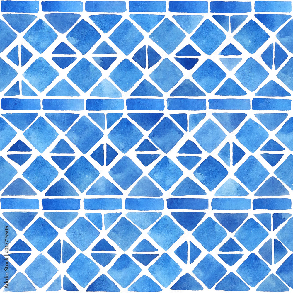 Watercolor tile with geometric motif. Seamless hand painted pattern in blue Watercolor tile with geometric motif. Seamless hand painted pattern in blue