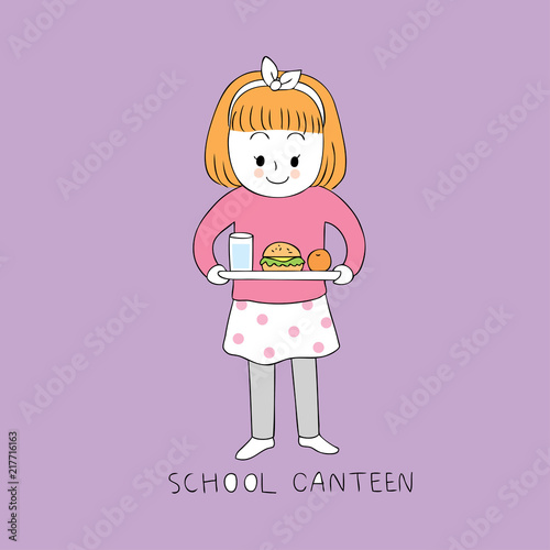 Cartoon cute girl in school canteen vector.
