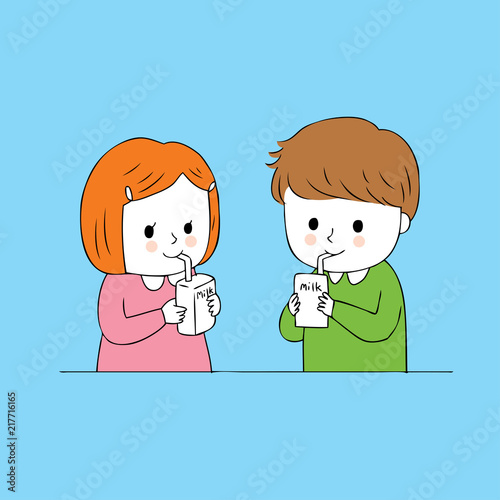 Cartoon cute students drink milk vector.