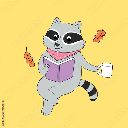Cartoon cute Autumn raccoon reading book vector.
