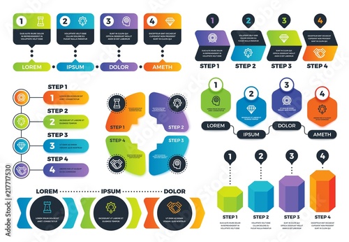 Infographic options. Arrow diagrams, abstract process charts and strategy infographs with steps. Business presentation vector template