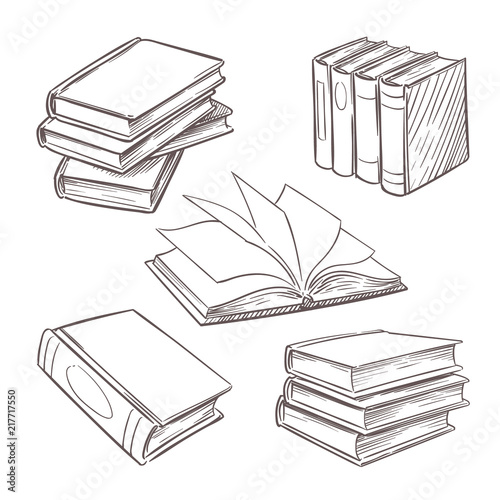 Hand drawn vintage books. Sketch book piles. Library, bookshop vector retro design elements isolated on white background