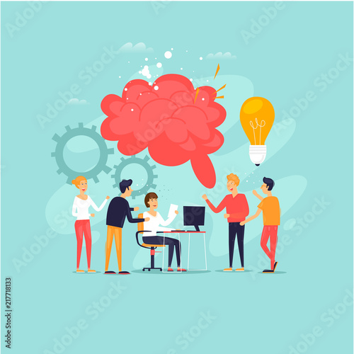 Teamwork, brainstorming, a group of people working together, developing ideas. Flat design vector illustration.