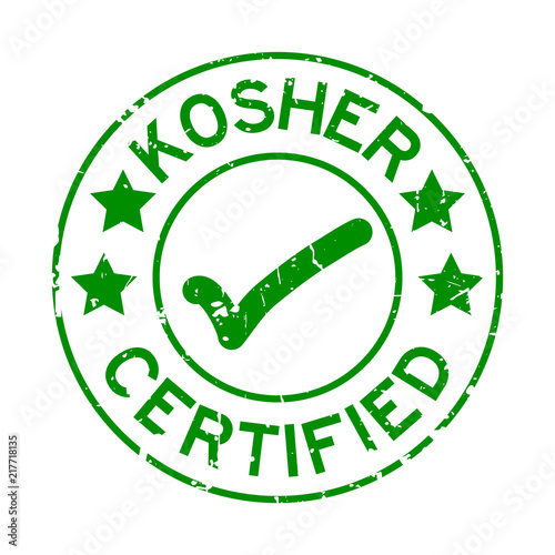 Grunge green kosher certified word with mark icon round rubber seal stamp on white background