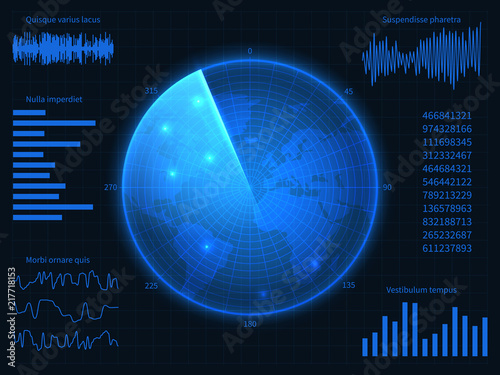 Military blue radar. Hud interface with sonar, charts and control elements. Virtual display vector screen
