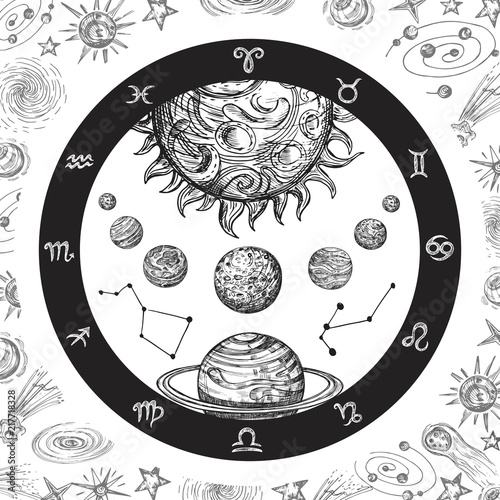 Astrology concept with planets. Hand drawn universe, planetary system and zodiac constellations. Line art vintage vector illustration
