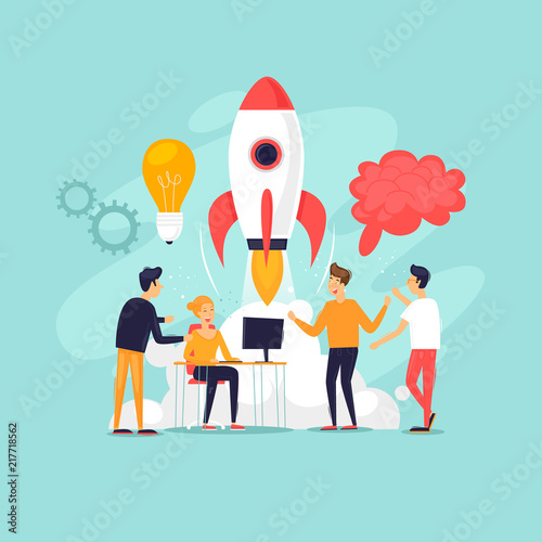 Startup, teamwork, brainstorming, a group of people working together. Flat design vector illustration.