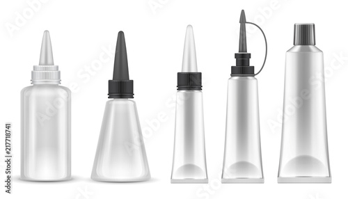 Glue packing. Realistic tubes and bottles for adhesive, tooth paste and cosmetic products. Isolated vector set