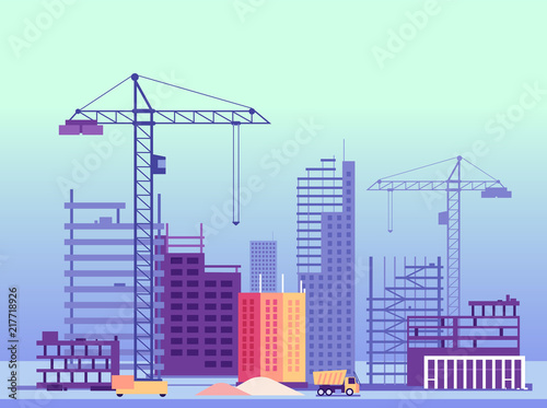 Building process. Unfinished buildings and construction machines. Vector illustration