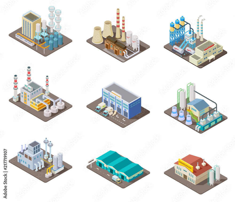 Isometric factory set. 3d industrial buildings, power plant and warehouse. Isolated vector collection Isometric factory set. 3d industrial buildings, power plant and warehouse. Isolated vector collection