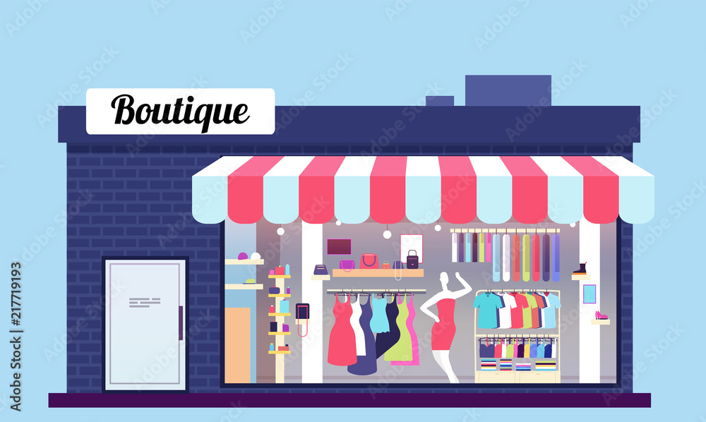Fashion store exterior. Beauty shop boutique exterior with storefront and clothes. Vector illustration