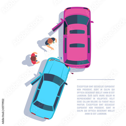 Car traffic accident. Crashed cars and people on road top view. Insurance vector concept