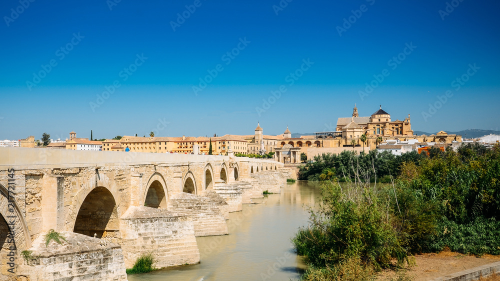 Famous Roman bridge of Cordoba, Spain across Guadalquivir River