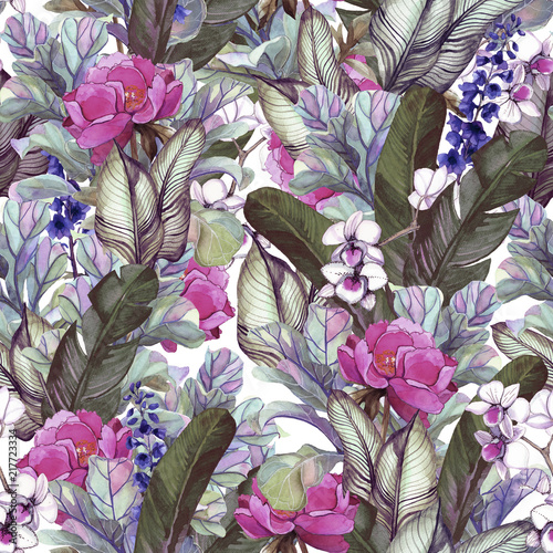 .Pattern with tropical banana leaves and peony flowers, orchids. Seamless botanic pattern with foliage in vintage style. photo