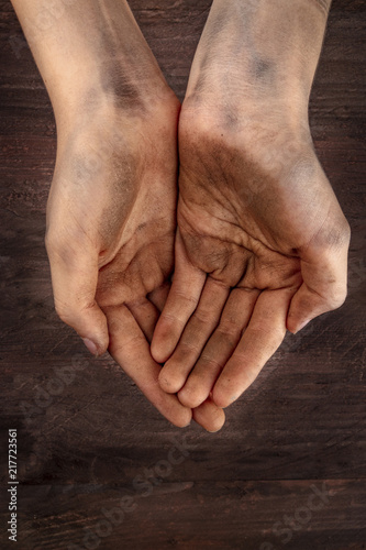 Dirty child's hands, begging for money, poverty symbol, with copy space
