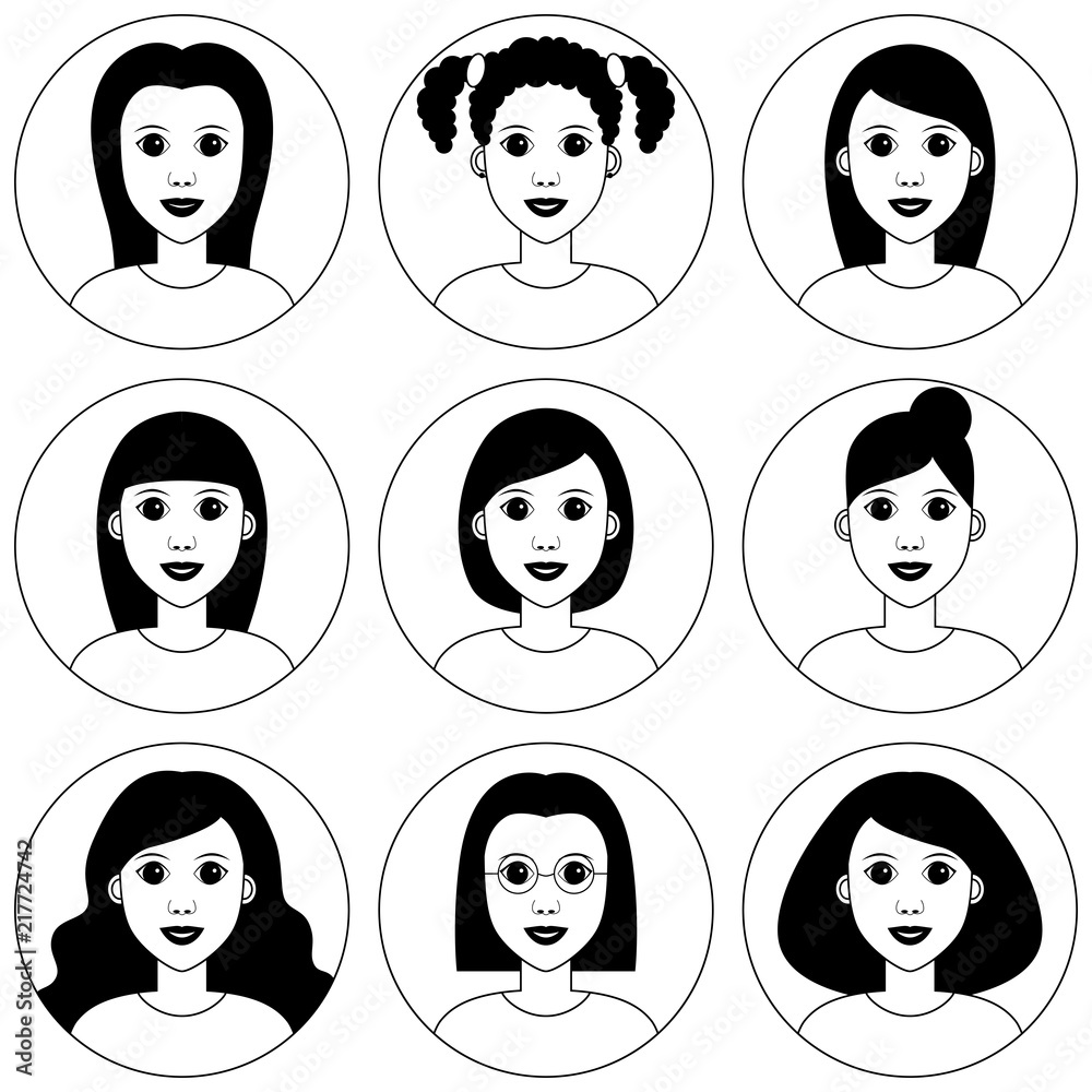 Beautiful young girls avatar set. Pretty girl with different haircut style. Black and white vector clipart illustration isolated on white background Beautiful young girls avatar set. Pretty girl with different haircut style. Black and white vector clipart illustration isolated on white background
