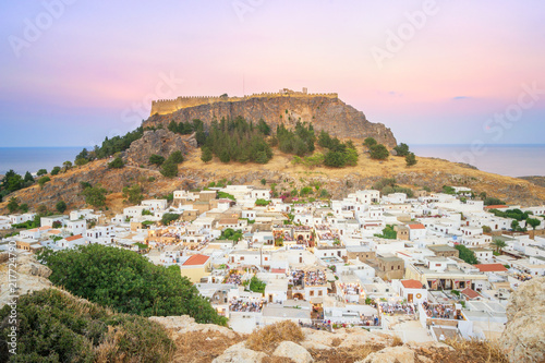 Lindos - Rhodes. Sunset of the Beautiful Greece Village Lindos with the Acropolis