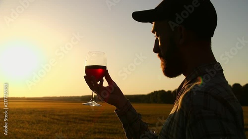 Farmer Pouring a Glass of White Wine agains the Sunset Sky. Unrecogizable male hand holding a wineglass on patio. Lens Flare. photo