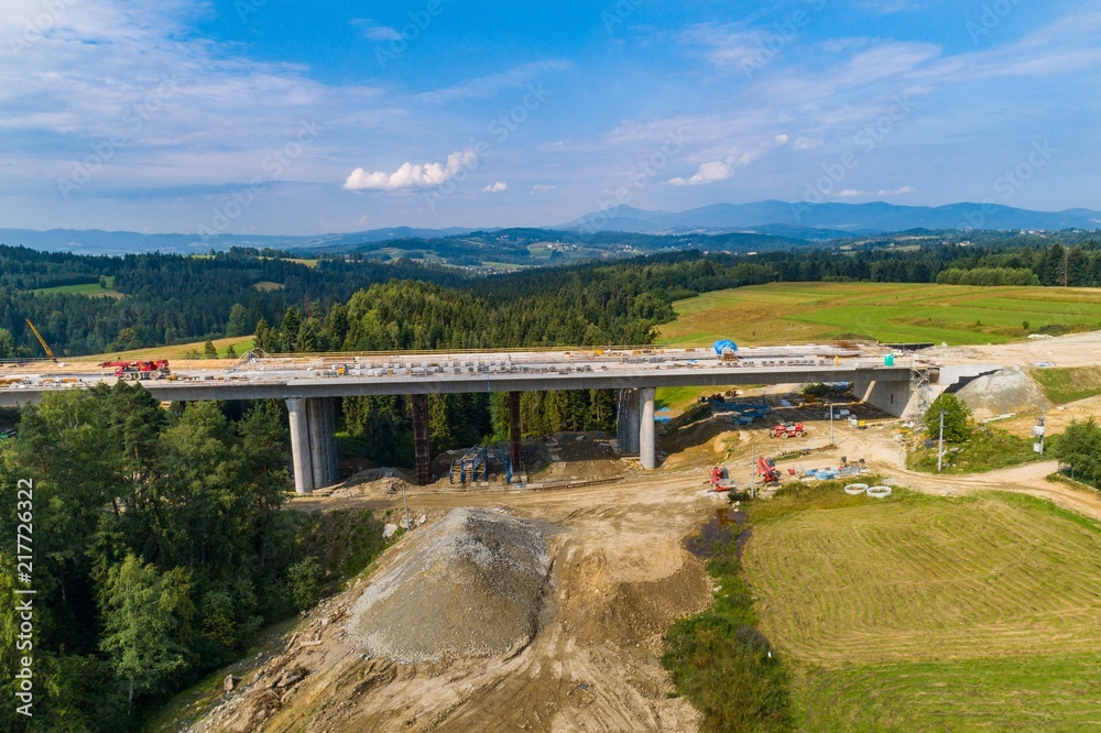 Aerial drone view on highway construction