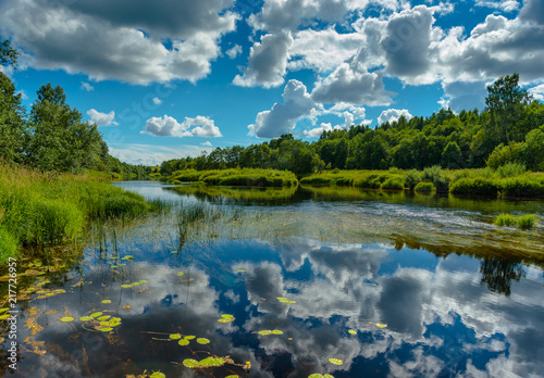 River is summer landscape. Sunny day, blue sky with beautiful clouds.