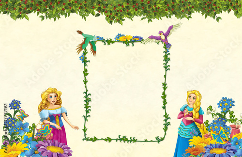 cartoon scene with floral frame - beautiful girls - princesses - title page with space for text - illustration for children
