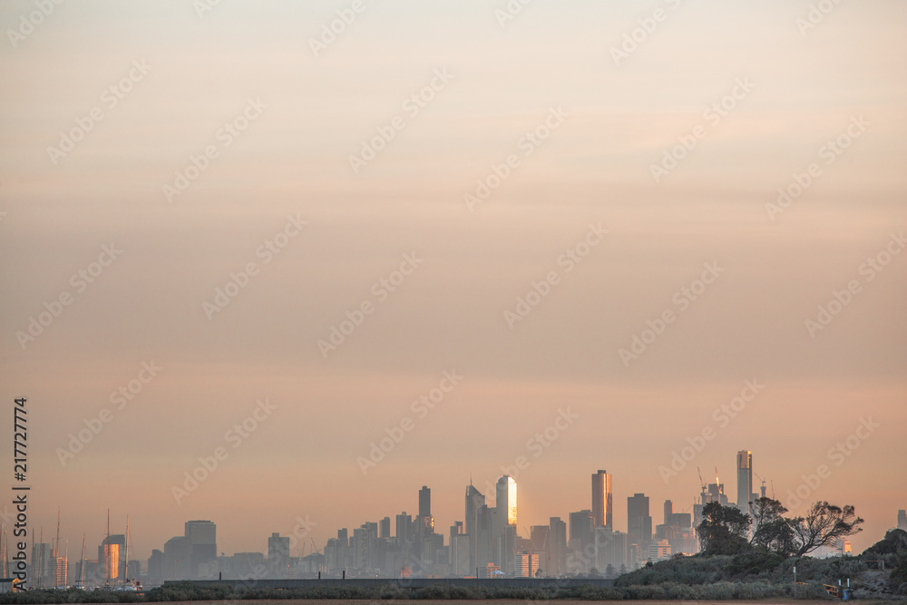 View of City of Melbourne at Sunrise from Brighton Beach