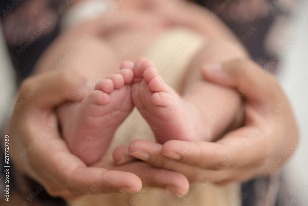 Feet of a newborn baby in the hands of parents. Happy Family oncept. Mum and Dad hug their baby's legs. Feet of a newborn baby in the hands of parents. Happy Family oncept. Mum and Dad hug their baby's legs.