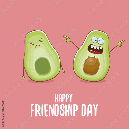 Happy friendship day cartoon comic greeting card with two green avocado friends. Friendship day concept funky greeting card or party poster
