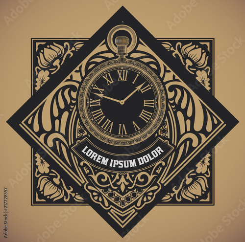 Retro label with hand watch element. Vector
