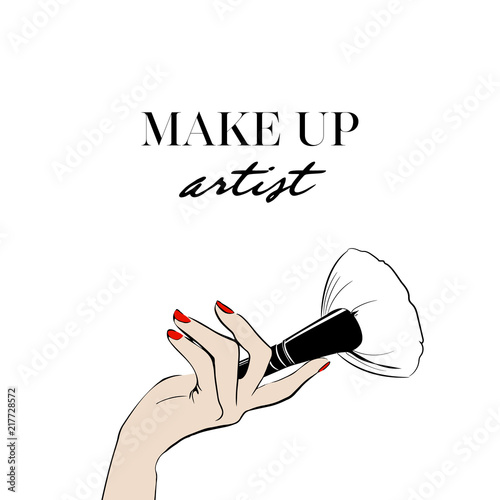 Women's hand with cosmetic makeup brush. Hand drawn illustration of female hand with cosmetical accessories. Vector isolated on white background fashion and makeup artist design elements.