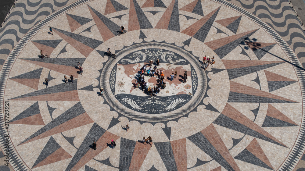 Huge compass rose mosaic square with world map, view from Monument to the Discoveries