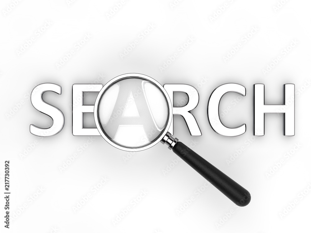 image of silver text search under a magnifying glass, isolated on white background. 3D rendering image of silver text search under a magnifying glass, isolated on white background. 3D rendering