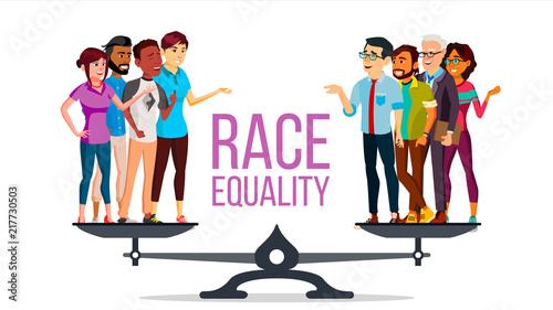 Race Equality Vector. Standing On Scales. Equal Opportunity. No Racism. Different Race Together. Tolerance. Isolated Flat Cartoon Illustration